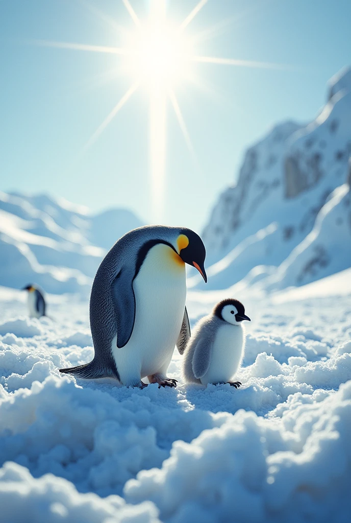Ultra-realism、masterpiece、Highest quality、Film Grain、RAW Photos、Nice views、wallpaper、Frozen morning landscape、Fresh Snow、Penguin parent and child、On the ice of Antarctica、Sun Pillar