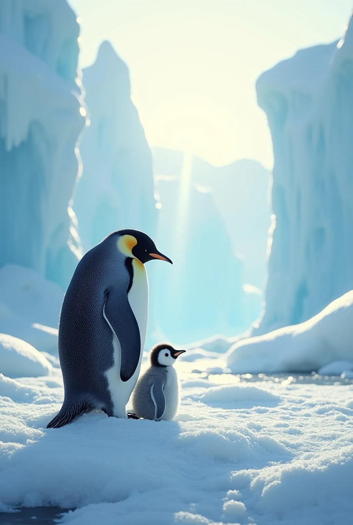 Ultra-realism、masterpiece、Highest quality、Film Grain、RAW Photos、Nice views、wallpaper、Frozen morning landscape、Fresh Snow、Penguin parent and child、On the ice of Antarctica、Sun Pillar
