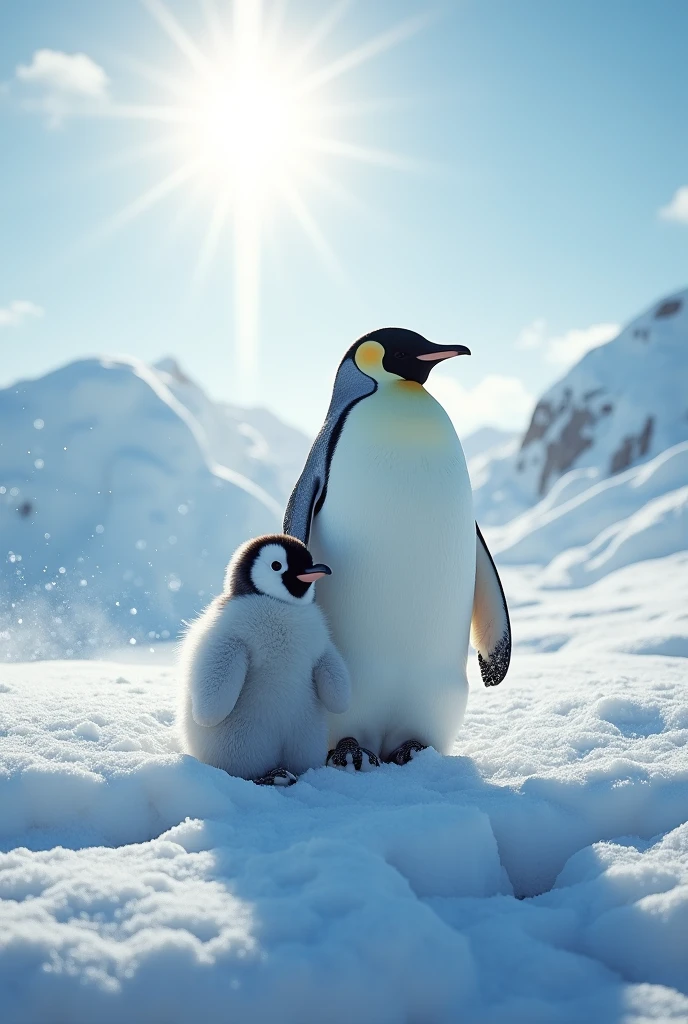 Ultra-realism、masterpiece、Highest quality、Film Grain、RAW Photos、Nice views、wallpaper、Frozen morning landscape、Fresh Snow、Penguin parent and child、On the ice of Antarctica、Sun Pillar