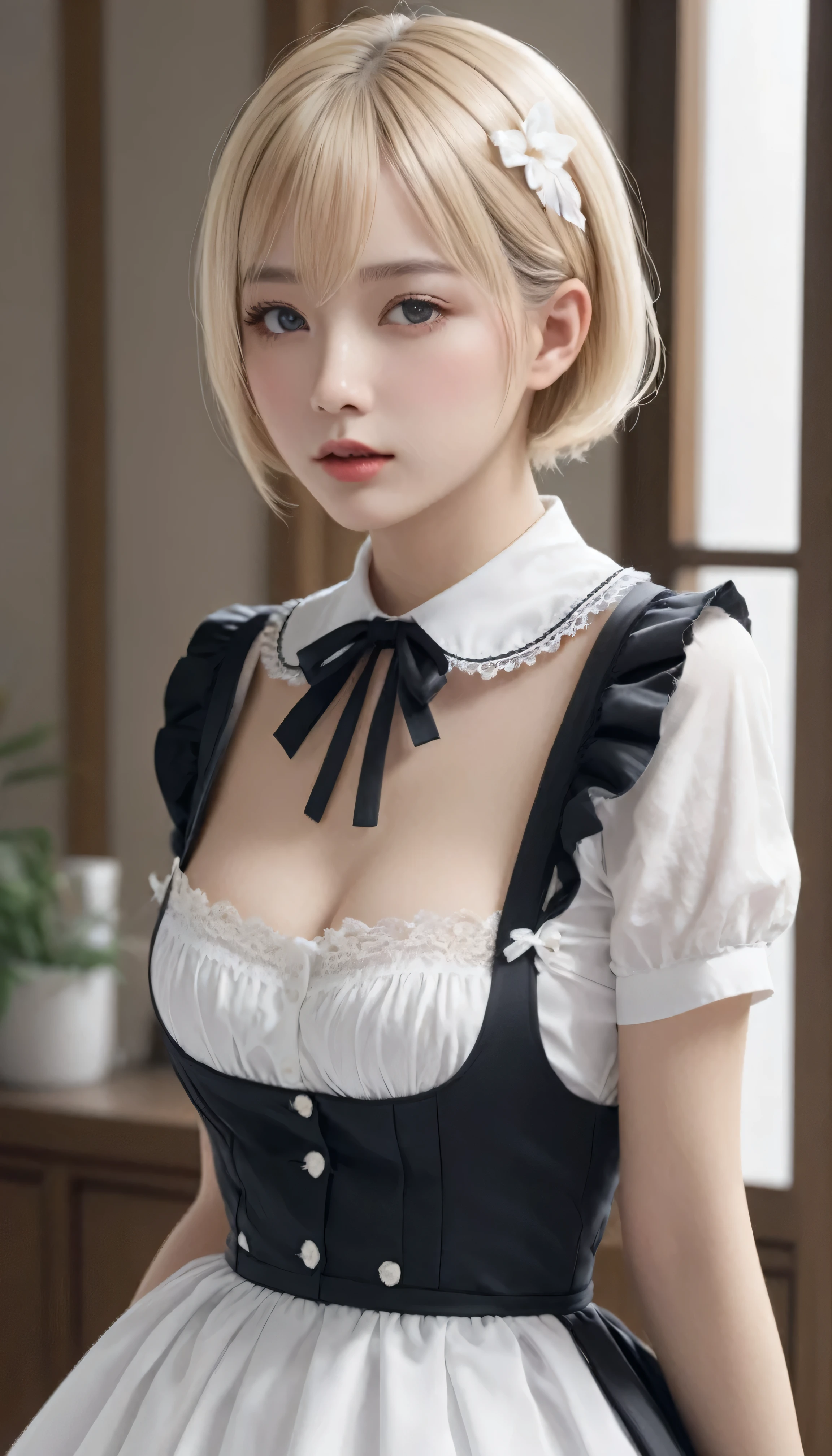 (surreal)、(High resolution)、(8k)、(Very detailed)、(Best illustrations)、(Beautiful and detailed:1.0)、Highest quality:1.0,maid、lingerie,Natural Lip,Blonde Short Hair、Changing into maid uniform