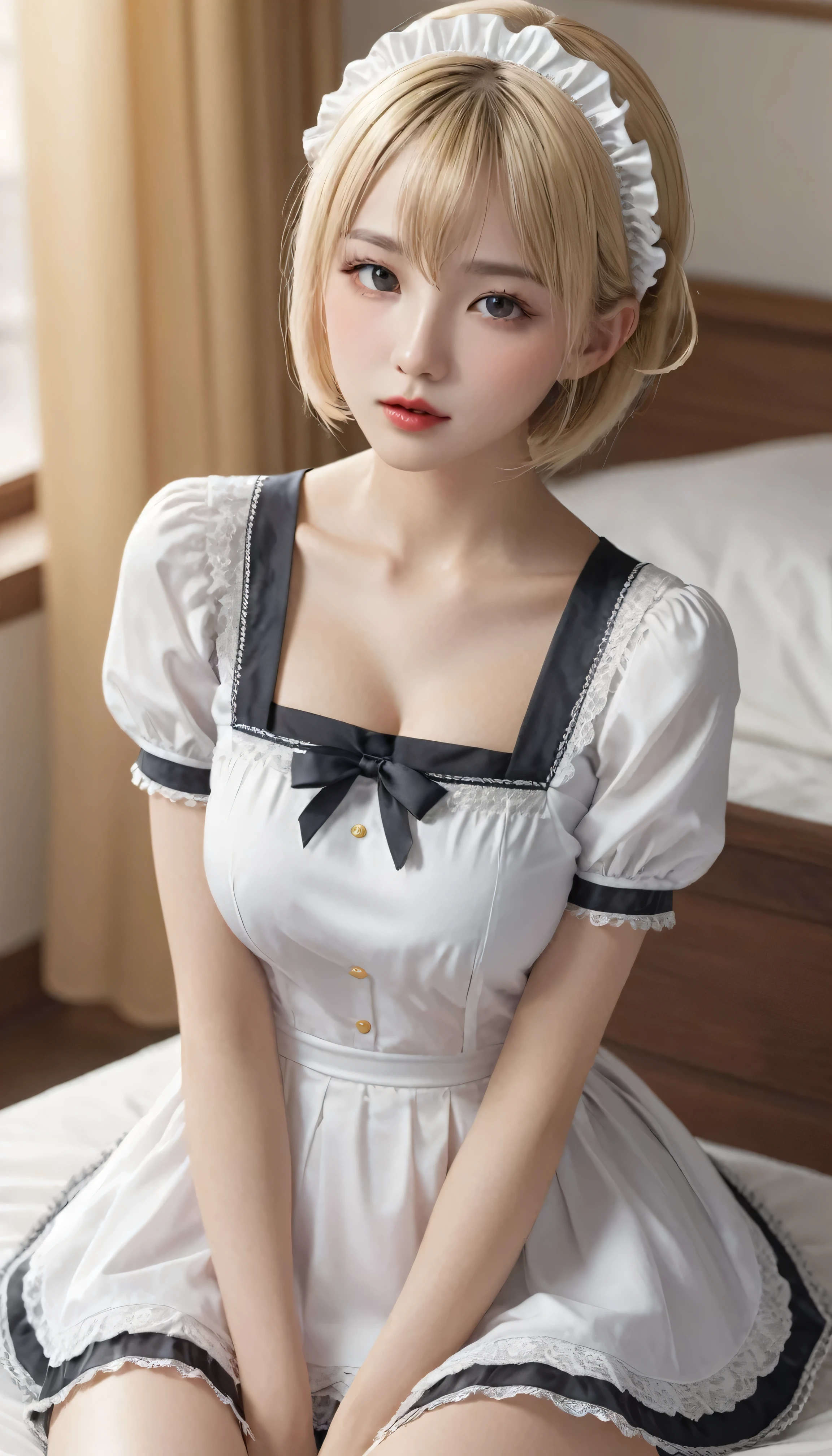 (surreal)、(High resolution)、(8k)、(Very detailed)、(Best illustrations)、(Beautiful and detailed:1.0)、Highest quality:1.0,maid、lingerie,Natural Lip,Blonde Short Hair、Changing into maid uniform