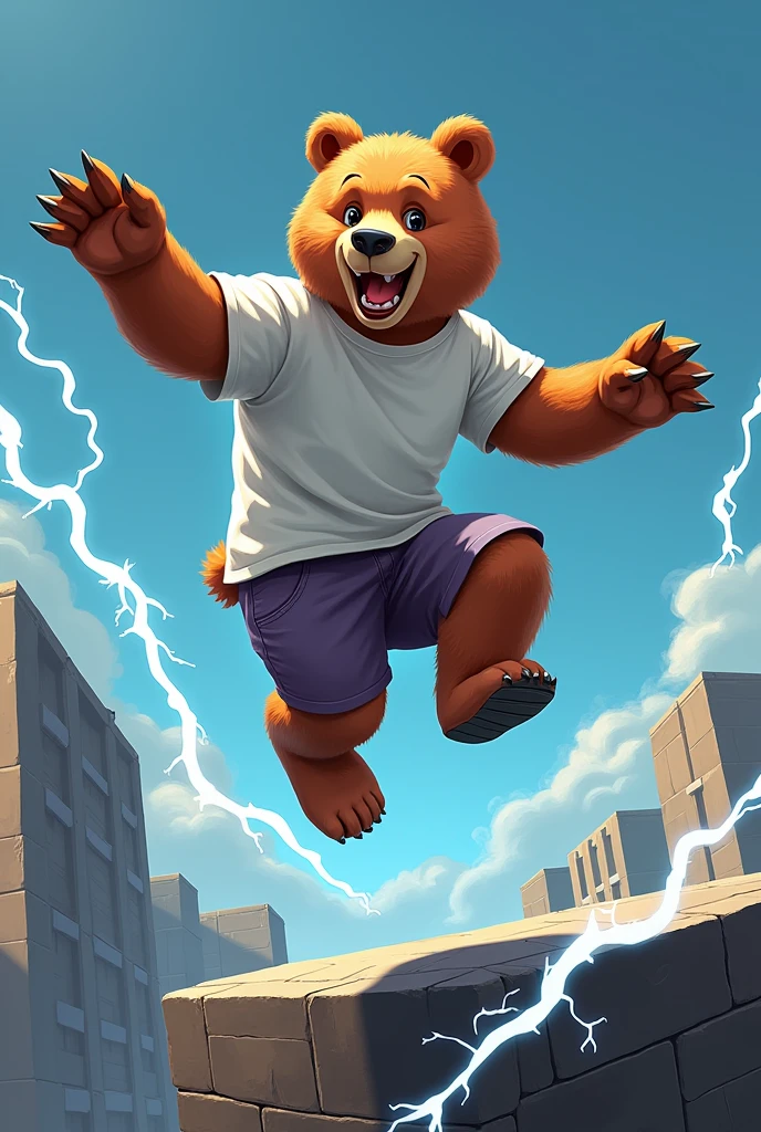 A bear doing parkour with lightning elements. The bear's image should be cute and cool, not fierce, with strong lines. Some bears wear white T-shirts. The bear's movements are very tense.