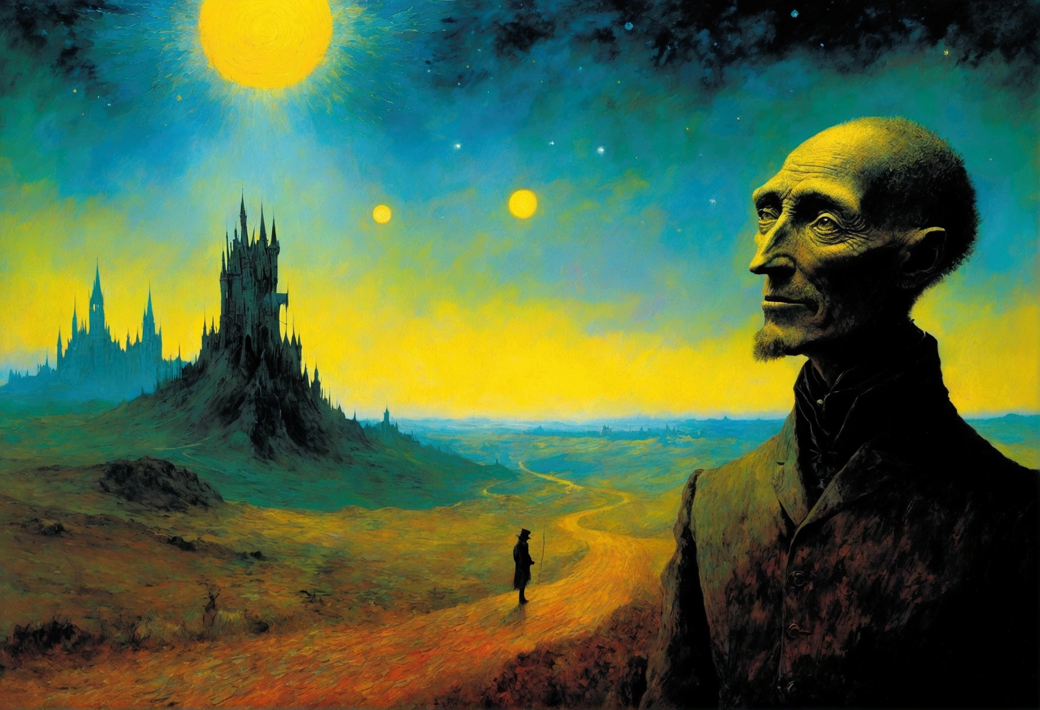 Mythical creatures, author：Zdzislaw Beksiński and Vincent van Gogh, Album cover, romantic, Surrealism, Futuristic ,smile ,  Wizard, Abstracted, dark,  landscape