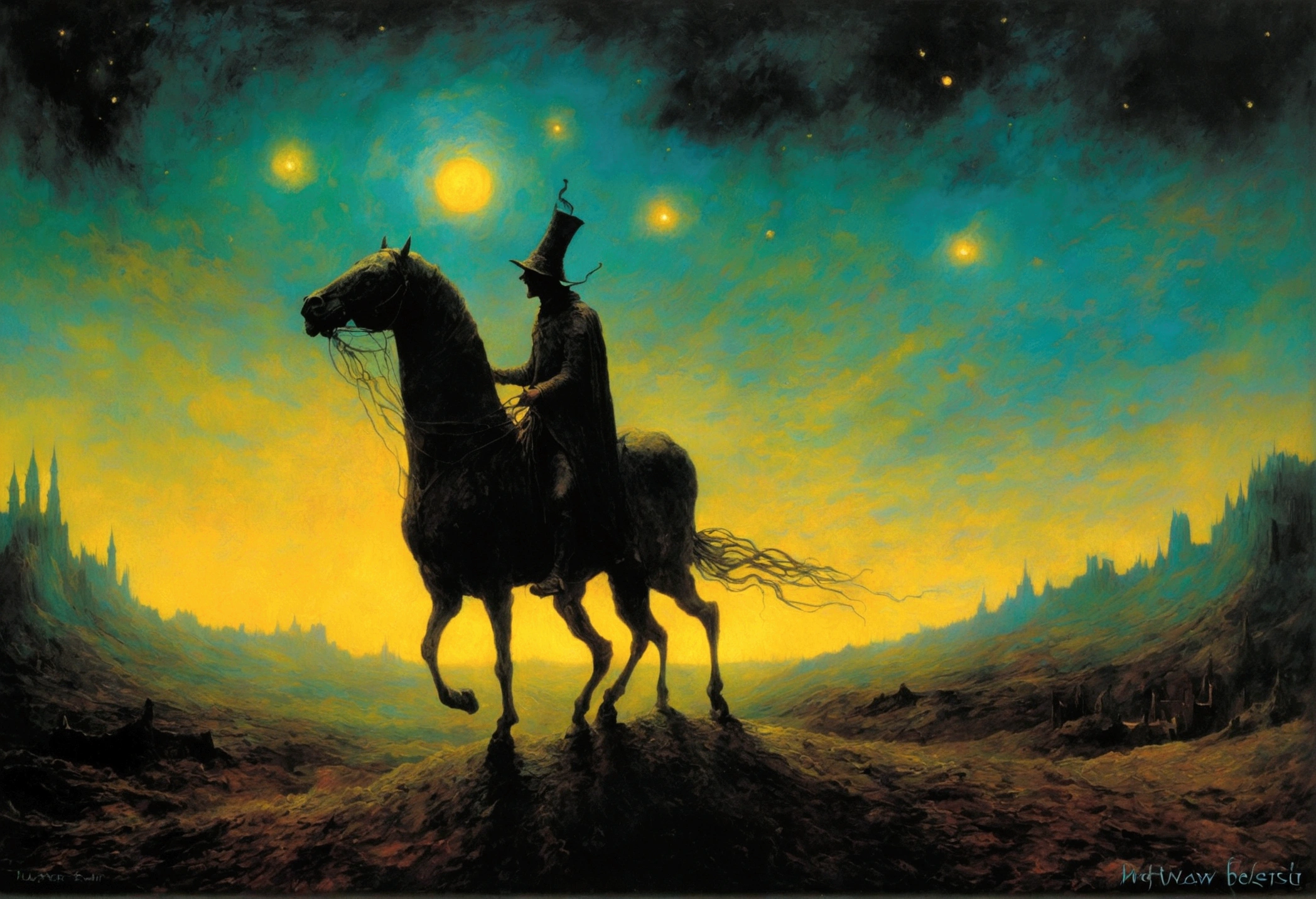 Mythical creatures, author:Zdzislaw Beksiński and Vincent van Gogh, Album cover, romantic, Surrealism, Futuristic ,smile , Wizard, Abstracted, dark, landscape