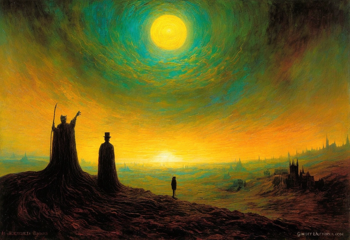 Mythical creatures, author:Zdzislaw Beksiński and Vincent van Gogh, Album cover, romantic, Surrealism, Futuristic ,smile , Wizard, Abstracted, dark, landscape
