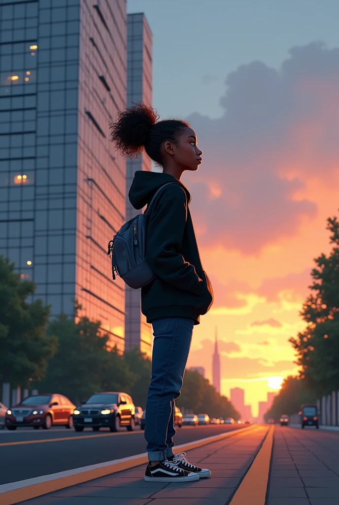 A sub-saharan girl teenager with her natural hair tied in a messy bun. She has an oval but slim face and sloe eyes. She is dressed in a black hoodie, black jeans and black Snickers. Her hands are in her pockets. She's standing by the roadside looking up at a tall building with many glass windows tainted by the rays of a setting sun in the background. The view should be somber but hopeful.