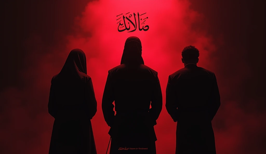 Create powerful and attractive thumbnails with themes "It is Not Halal for the Blood of a Muslim". The main image features the silhouettes of three human figures against a dramatic background., with light effects separating each figure, symbolizes three things: adultery after marriage, winter, and apostasy. writing "3 Things that Halatize Blood" appear clearly with a bold and sharp font. The dominant colors are dark red and black., gives a serious and profound effect. Also include Arabic calligraphy accents in the corners as a symbol of the hadith being raised..