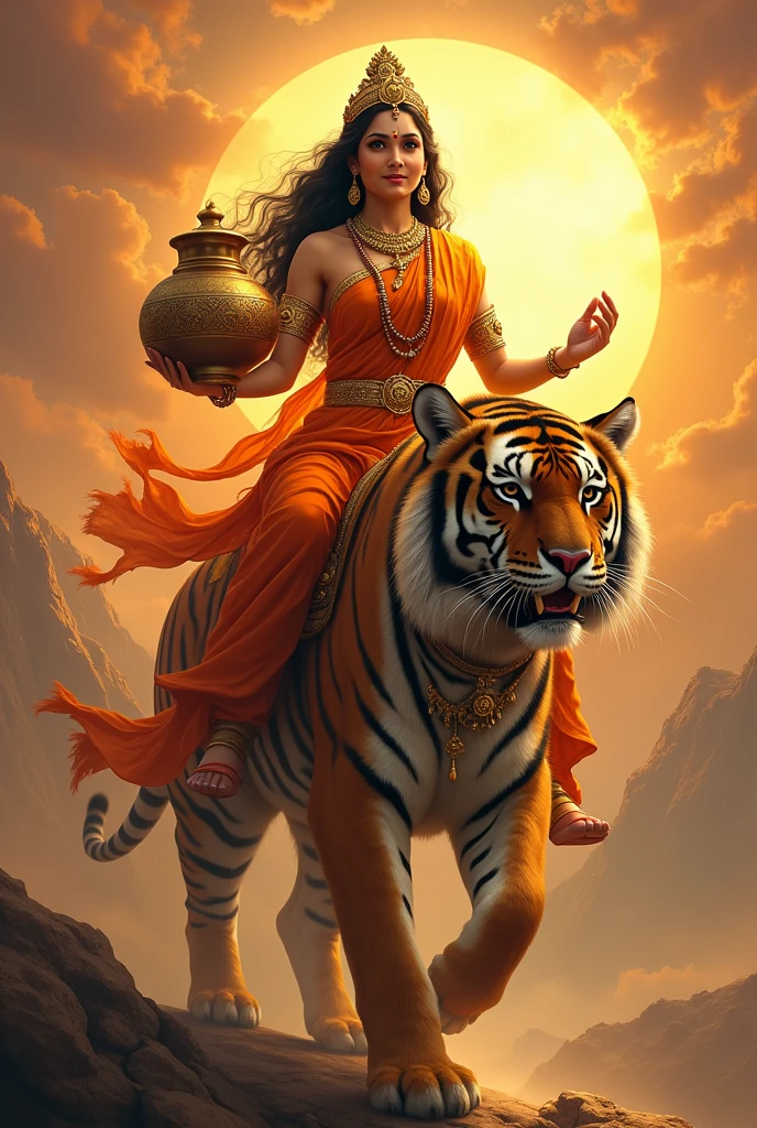 "Create an image of Goddess Kushmanda Devi, depicted in all her divine glory as she rides an enormous, majestic tigress. She should be dressed in a vibrant orange saree, symbolizing her connection to the sun and her role as the creator of the universe. The saree should be intricately embroidered with gold patterns and sacred symbols, highlighting her cosmic and regal presence. Her skin should radiate with a golden glow, reflecting her divine nature and warmth. Her face should be serene yet powerful, with large, compassionate eyes and a gentle, confident smile that exudes grace and strength.

With both the hands, she is holding an extreme very large beautiful designed pot.

The tigress she rides should be depicted as extremely large and powerful, with a fierce yet protective expression. The tigress's presence should convey strength, courage, and loyalty, perfectly complementing the goddess's commanding and nurturing nature.

The background should feature a celestial, vibrant landscape, perhaps with a warm, golden glow or the rays of a rising sun, symbolizing her role in energizing and creating the universe. The overall image should capture the essence of Goddess Kushmanda Devi’s creative power, divine authority, and nurturing warmth, presented in a highly realistic and detailed manner, with the enormous tigress emphasizing her strength and protective energy."