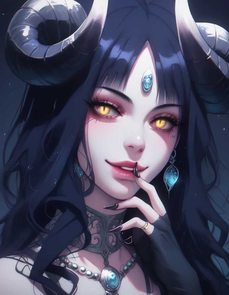 A demonic and seductive looking anime character, with black wings, long dark flowing hair, bright golden eyes, and curved horns like those of a ram. has pale skin, a mischievous smile and a playful and mysterious expression, holding a finger to his lips as if silencing someone. She wears a white dress with intricate detailing and gold accents, along with a blue gem on his chest. The scene is dramatically lit., with soft shadows that enhance her sharp features, as the background fades into darkness, adding an enigmatic and magical touch. The style is a mix of anime fantasy with intricate details, Capturing an intense portrait, close and dynamic