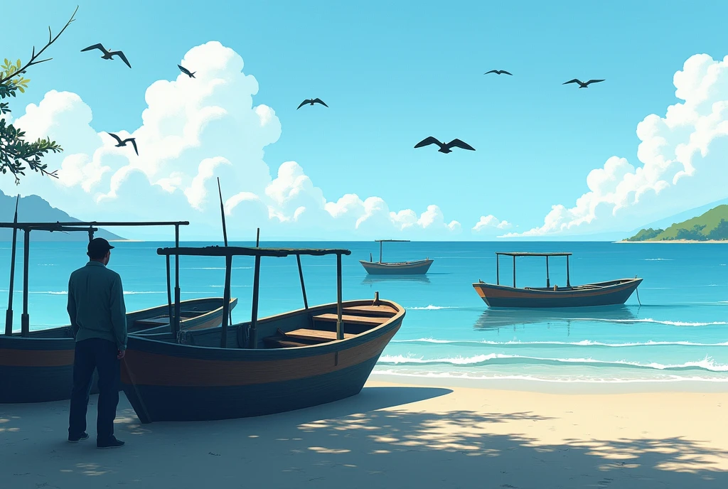 Fishing boats near shore and blue ocean, sea birds flying in sky with some shadow of fisherman