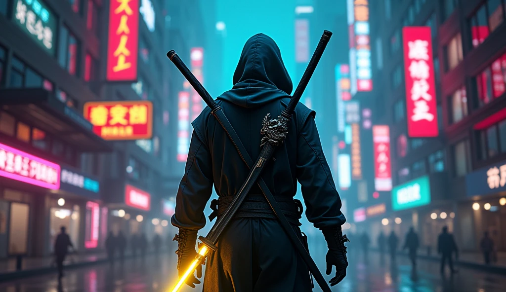 A ninja with his back turned and a cyber punk street with neon with a large katana with a dragon drawn on the blade glowing in yellow neon