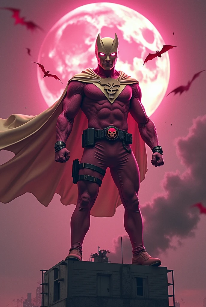 Malaysia man in high-tech suit, vivid effects, malaysian superhero (KELUANG MAN) in a striking pink and beige costume cyberpunk design, mask small mini bat ear beige, daredevil beige mask, jumpsuit dark pink stands confidently in a dramatic.jumping from high place.hero costume.one hand rise up. Big triangle logo on the chest((open cape, beige cape)).high detail Punisher logo on the chest. Fighting pose , stormy landscape. ((Head covered node guard like batman. Running pose , athletic body type, small mini ear bat mask))The character wears domino mask a helmet with pointed mini torn ears and a flowing cape biege, open nose and mouth. Equipped with visible futuristic weapons on a belt,bullet proof jacket pink dark day.show fingers pose, dark night, big supermoon effect . Small logo on chest triangle shape small punisher logo center(( skull triangle Casey Jones mask shape logo)) center on chest pink logo mini logo . rocky. Building top.smoke ground , hand fired with gun , bomb effect background, losse pants, losses costume.adding to --ar 3:4 --style raw --stylize 500 --v 6.1. chaos. Lot of small flying bat. One leg on the high stone. Man, exoskeleton wing hologram. Wear hologram watch.. Real man age 40 year old. One hand holding belt.one hand holding black rope hanging on building. Big pant pink. Beige cape joodie.(( Loose pant)) , jump on high building)marvel , X-Men((.big blasting bomb effect background.