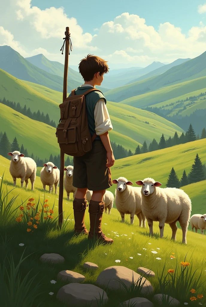 A boy watching over the village sheeps grazing on the hillside