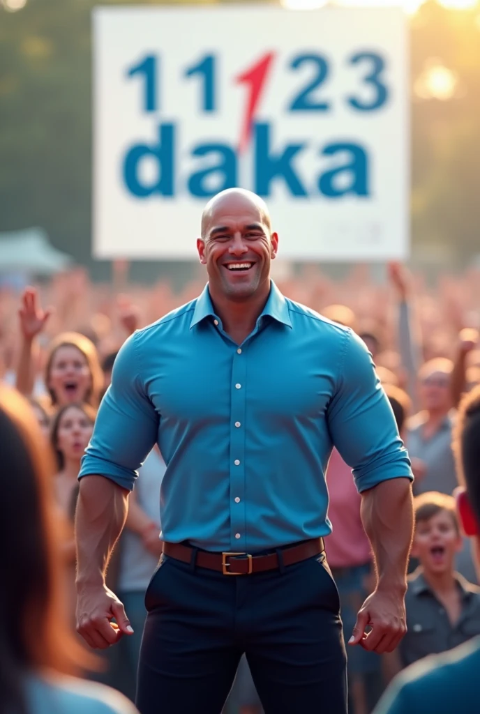 A young smiling face short muscular bald candidate in sky blue shirt and black pants in front of a crowd of people with a white banner saying 11123 Daka