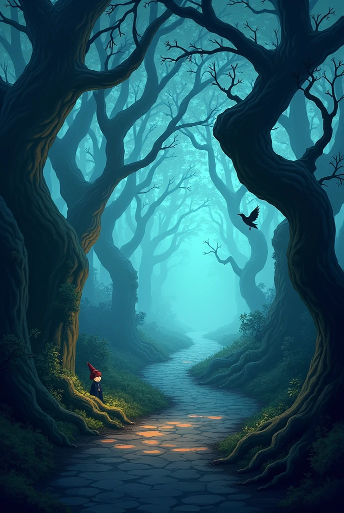 A narrow, winding path through a dark, foggy forest with twisted trees and ominous shadows, hinting at danger lurking in the darkness.
Use high resolution cartoon image with face restoration.