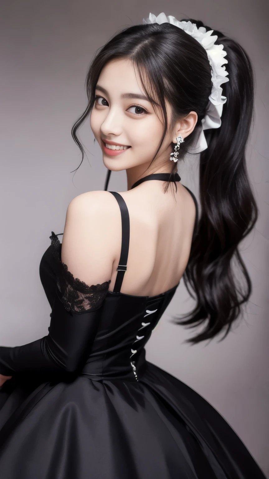 masterpiece, best quality, ultra-detailed, High angle, ((full body)), (from below), (real), (wearing Maid's uniform, Gothic Lolita, open chest), against the backdrop of a metropolitan city's, nighttime, image of an elegant woman,  20-year-old woman, (ponytail), long hair, black hair, a slightly rounded and adorable face, round eyes, youthful eyes, friendly eyes, cheerful eyes, welcoming eyes, double eyelid eyes, captivating gaze, blush, shy smile, straight teeth, heart earrings, armpit, 4 finger＋1 thumb, with a blurred and soft background
