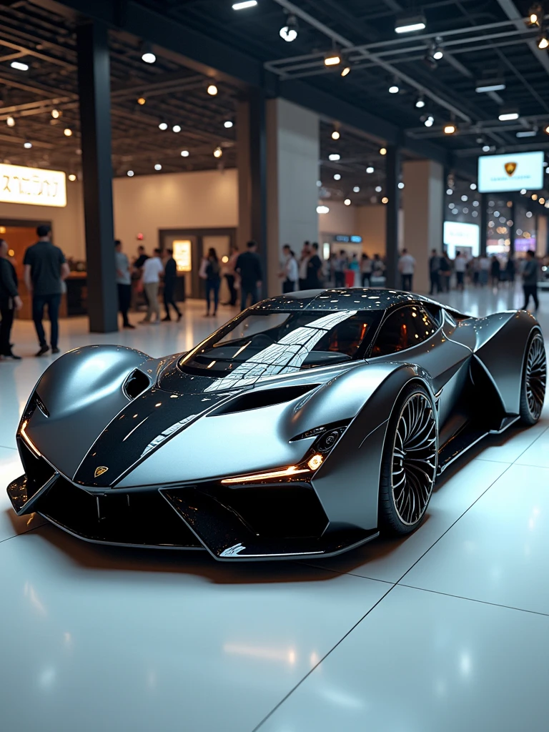 Lamborghini Concept car in auto expo, include hyper realism, hd, 4k.