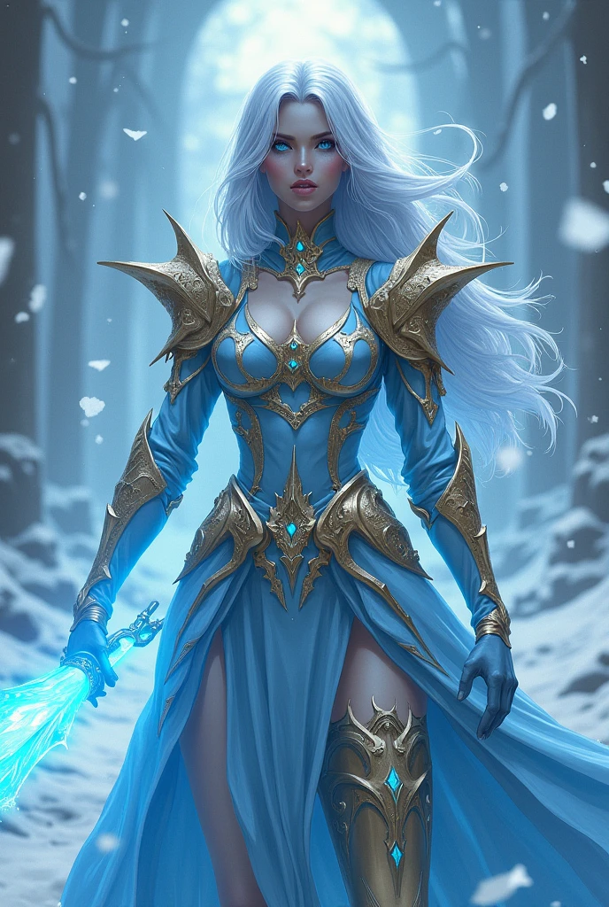 She With long, silky, icy-colored hair, neon-blue eyes, and pale lips, the Ice Saint's appearance was as formidable as the legends described.
Her golden-blue armour and crystalline, slender, blue sword reflected her icy prowess, earning her the respect of the stories told in lores.