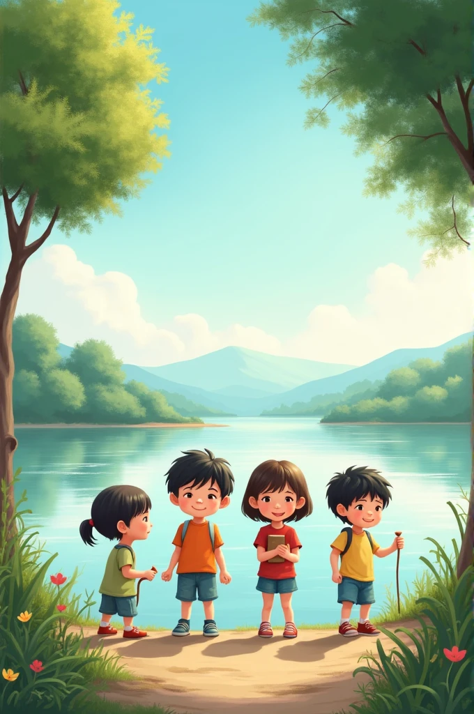4 children in front of the lake