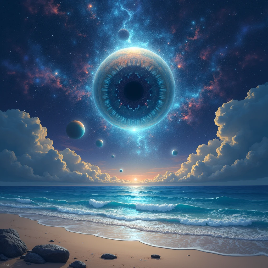 art by Phil Koch, Meghan Howland blue moon Digital ral-epochelves surreal image of a summer landscape after sunset luminism representing a vast cosmic eye dominating the night sky, surrounded by a network of stars, nebulae and cosmic dust, Beneath this cosmic spectacle, depicts a tranquil beach with the surface of the ocean is sparkling, lush and symmetrically reflects sparkling nebulae and luminous astral bodies point. Realism: complex background, dynamic lighting, digital painting, intricate details. The overall style should be dreamlike and fantastical, with a touch of realism in the details.