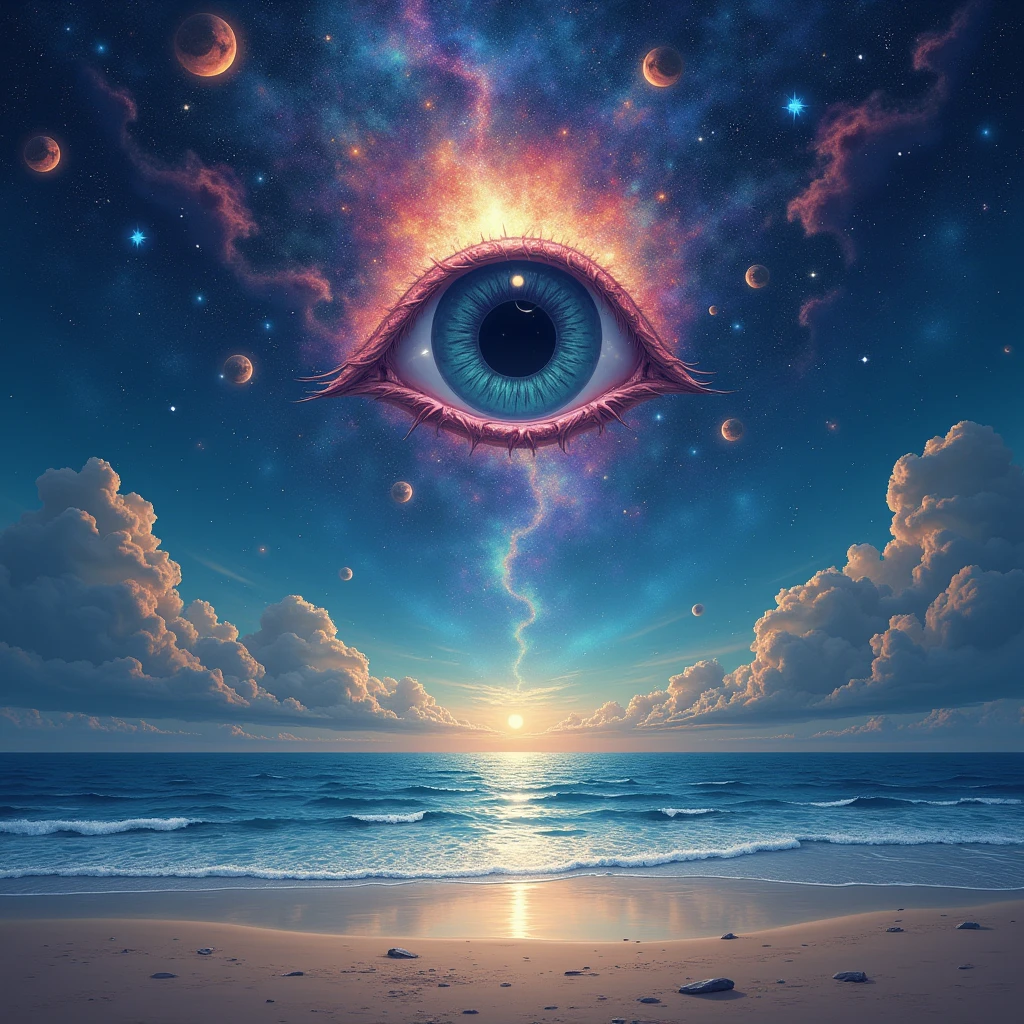 art by Phil Koch, Meghan Howland blue moon Digital ral-epochelves surreal image of a summer landscape after sunset luminism representing a vast cosmic eye dominating the night sky, surrounded by a network of stars, nebulae and cosmic dust, Beneath this cosmic spectacle, depicts a tranquil beach with the surface of the ocean is sparkling, lush and symmetrically reflects sparkling nebulae and luminous astral bodies point. Realism: complex background, dynamic lighting, digital painting, intricate details. The overall style should be dreamlike and fantastical, with a touch of realism in the details.