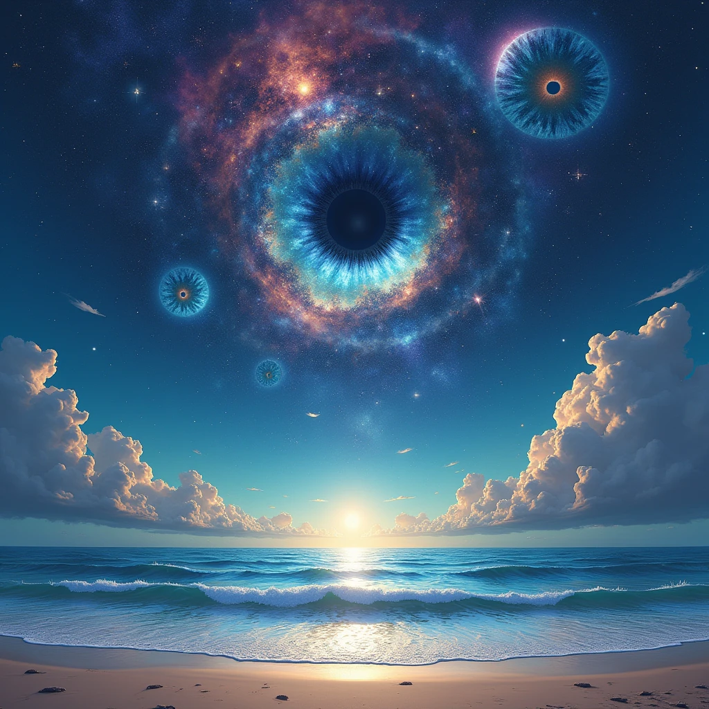 art by Phil Koch, Meghan Howland blue moon Digital ral-epochelves surreal image of a summer landscape after sunset luminism representing a vast cosmic eye dominating the night sky, surrounded by a network of stars, nebulae and cosmic dust, Beneath this cosmic spectacle, depicts a tranquil beach with the surface of the ocean is sparkling, lush and symmetrically reflects sparkling nebulae and luminous astral bodies point. Realism: complex background, dynamic lighting, digital painting, intricate details. The overall style should be dreamlike and fantastical, with a touch of realism in the details.