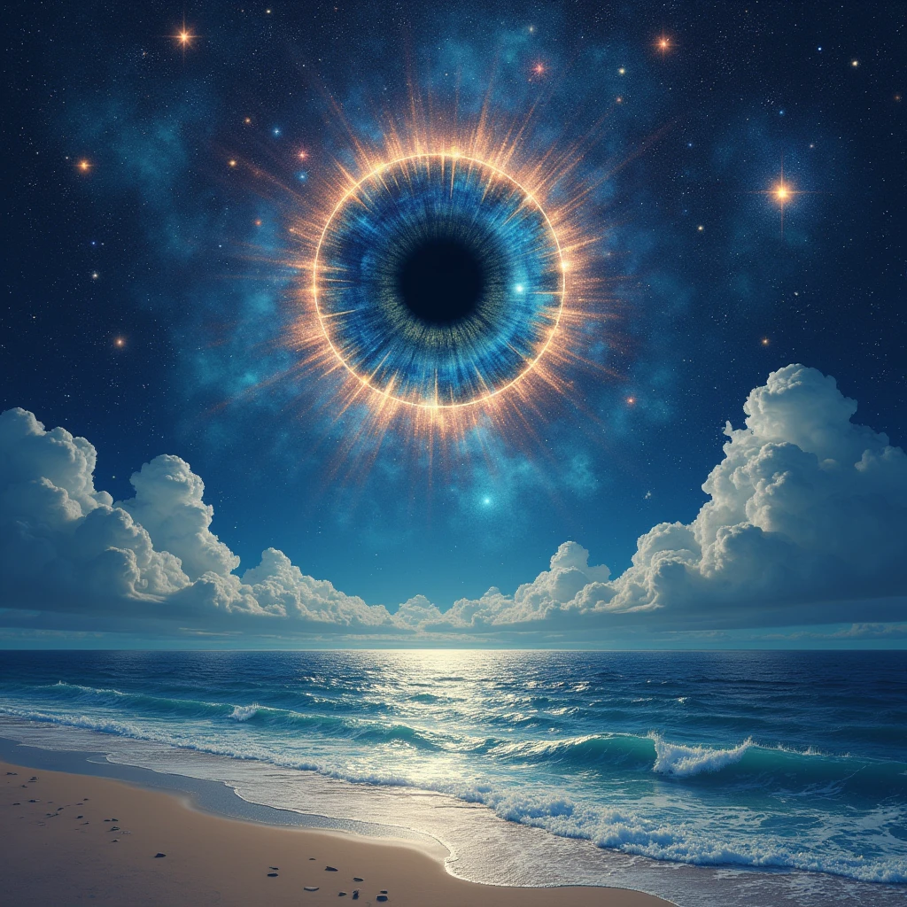 art by Phil Koch, Meghan Howland blue moon Digital ral-epochelves surreal image of a summer landscape after sunset luminism representing a vast cosmic eye dominating the night sky, surrounded by a network of stars, nebulae and cosmic dust, Beneath this cosmic spectacle, depicts a tranquil beach with the surface of the ocean is sparkling, lush and symmetrically reflects sparkling nebulae and luminous astral bodies point. Realism: complex background, dynamic lighting, digital painting, intricate details. The overall style should be dreamlike and fantastical, with a touch of realism in the details.