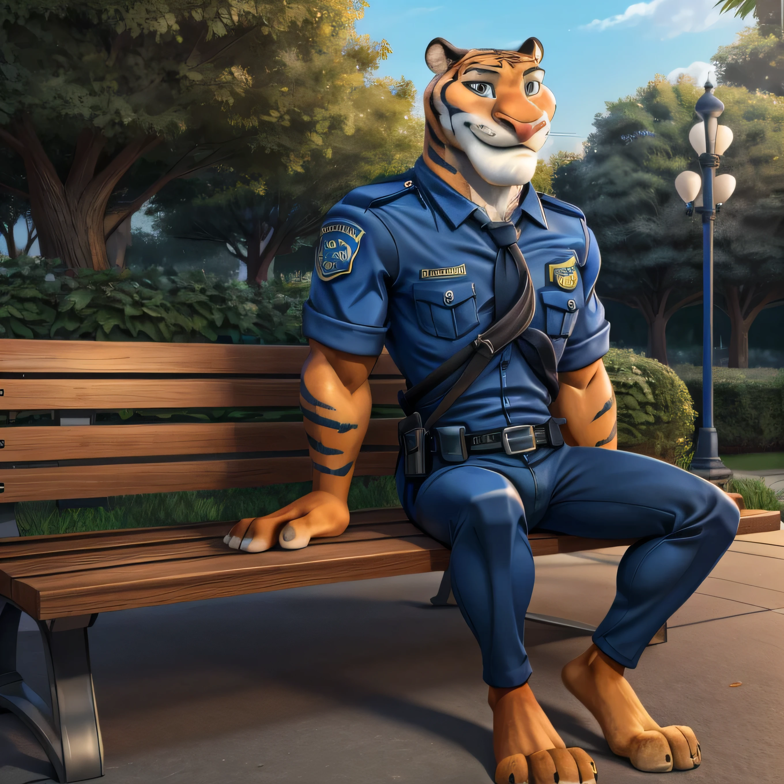 Zootopia cartoon, furry tiger cop Fangmeyer, tall, slender, handsome, extremely beautiful and cute face, muscular body, gentle look, blue police uniform, bare feet, sexy, hot, cute smile, sitting on the bench, park background