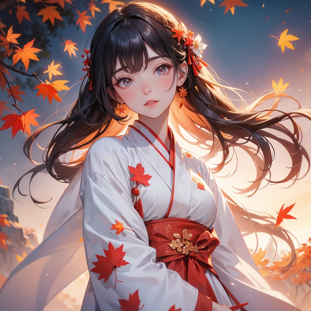 A beautiful female back hair in white Hanfu dress, the backdrop is a mountain that turns red in spring and maple leaves fall from the trees, close up.