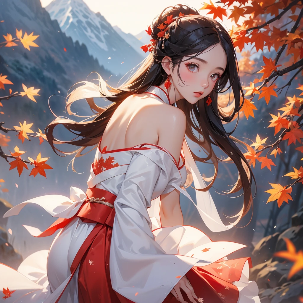 A beautiful female back hair in white Hanfu dress, the backdrop is a mountain that turns red in spring and maple leaves fall from the trees, close up.