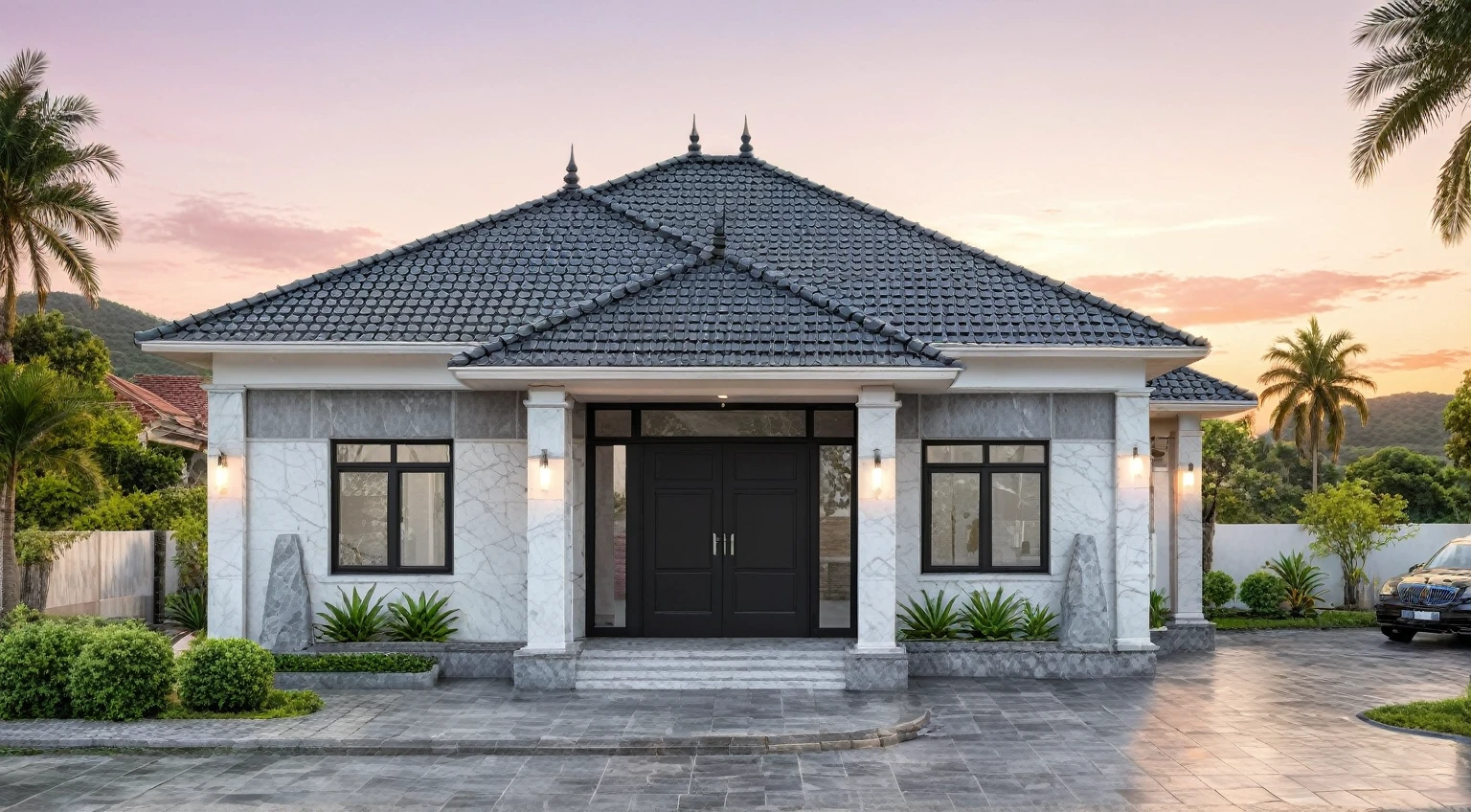 modern villa on street, {white|gray|pink} tone, marble wall, black detail, granite tiled stone,clear sunset sky, lush greenary, black frame door, facade lamp, car, palm tree, (RAW photo, masterpiece, best quality,ultra-detailed, extremely delicate and beautiful, highresolution, best shadow:1.1), (Faint light,Damp atmosphere, sad mood, Light rain :1.2)