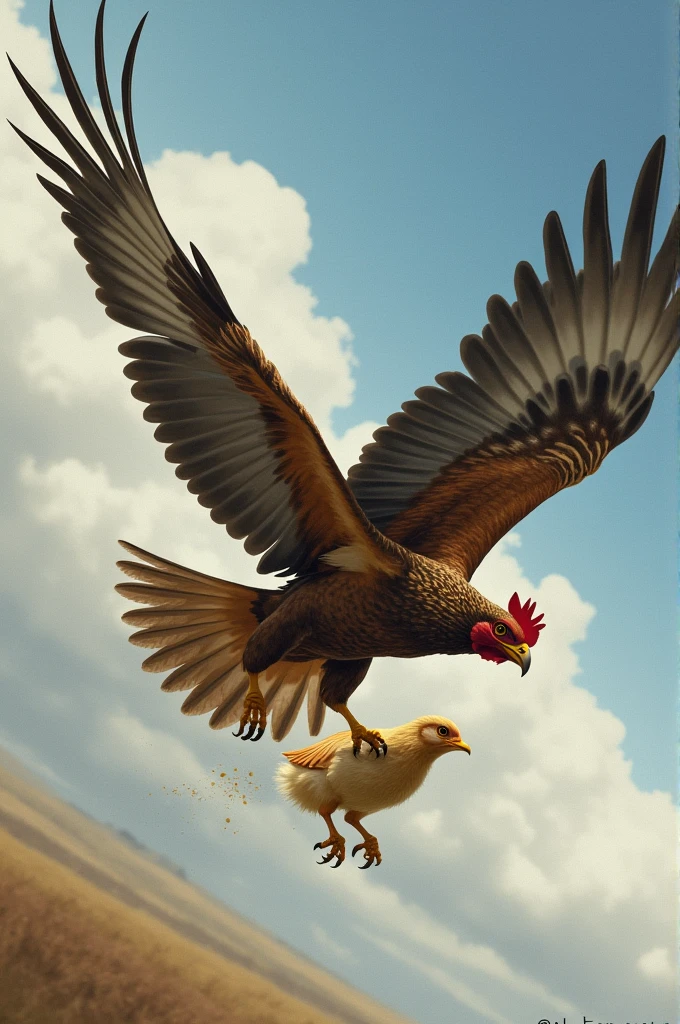 Here’s a prompt you can use in English:
"Create a dramatic poster showing a hen in its final effort, flying through the sky, desperately chasing a hawk that has just snatched one of her chicks. The scene should capture the intensity of the chase, with the hen looking determined and the hawk flying swiftly with the chick in its talons. The background should depict a vast sky with a sense of urgency and struggle."