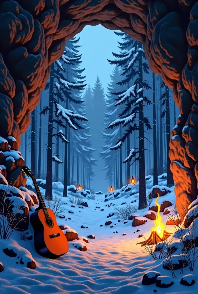The image depicts a serene yet mysterious scene viewed from within a cozy cave. The cave itself appears rugged and natural, with rough stone walls that frame the view outside. The entrance of the cave opens up to a mesmerizing winter forest, blanketed in snow. Tall, dark trees with snow-covered branches stand silently under a deep blue night sky, creating an almost ethereal atmosphere.
Inside the cave, a warm and inviting fire crackles on the ground, casting a soft orange glow that contrasts with the cool blue tones of the outside world. The firelight flickers, illuminating the nearby objects—a guitar rests against a rock, suggesting the presence of a traveler or a musician taking refuge here. A few lanterns are scattered around, adding to the warm ambiance and providing additional light.
The forest outside is enchanting, with snow gently falling and covering the landscape, while the dense trees create a sense of depth and mystery. The scene is calm yet carries an underlying tension, as if something might emerge from the shadows of the trees. The overall composition of the image combines warmth and cold, safety and the unknown, creating a captivating and immersive environment.