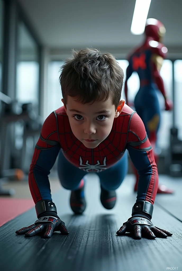 A spiderkidboy learning push ups with gloves at gym with ironman