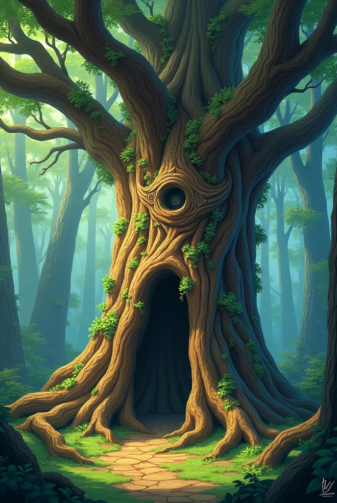 A massive, gnarled tree in the forest with a hollow or hidden compartment that contains the magical artifact or crucial clue. The tree’s bark is covered in mysterious symbols.
Use high resolution cartoon image with face restoration.
