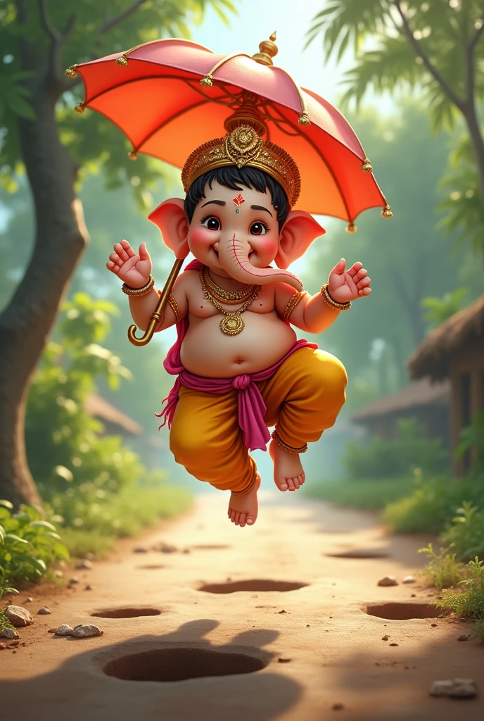 Little Lord ganesha waking with umbrella on road with holes and jumping in the air