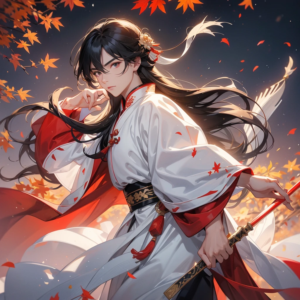 A Handsome black-haired male holding a large sword in white ancient Chinese costume, the backdrop is a mountain that turns red in spring and maple leaves fall from the trees, close up.