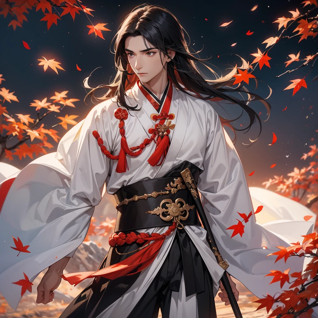 A Handsome black-haired male holding a large sword in white ancient Chinese costume, the backdrop is a mountain that turns red in spring and maple leaves fall from the trees, close up.