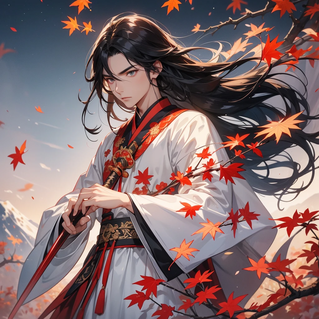 A Handsome black-haired male holding a large sword in white ancient Chinese costume, the backdrop is a mountain that turns red in spring and maple leaves fall from the trees, close up.