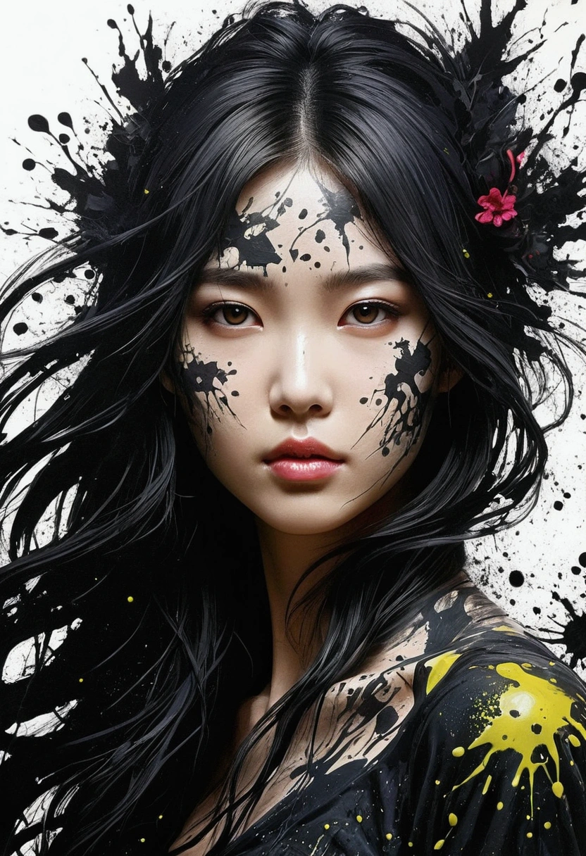 (((In dark fantasy paint splatter art:1.3))), Portrait of beautiful girlfriend, Fascinatingly beautiful sceneries appear, Ink splatters with chaotic black strokes, Intricate details blend into the ethereal forest world, creatures from ther world, incrivelmente lindo, Gongbi, Each stroke exudes an enchanting sensation, extraordinary creation, Whether it is ink painting or oil painting, Master stunning details, pure brilliance, Scary Atmosphere Paint Splatter Coating,