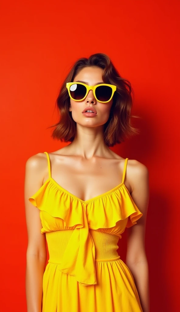 The following features can be seen in the image: - A young woman standing in front of a red background.
- Young woman standing in front of a red background.
- She is wearing yellow sunglasses and a yellow ruffled dress.
- Her hair is disheveled and her mouth is slightly open.
- Her hair is disheveled and her mouth is slightly open. Her expression is slightly playful.
- The overall color scheme emphasizes red and yellow, creating a vivid impression.
- The contrast between the red of the background and the yellow of the dress is striking.