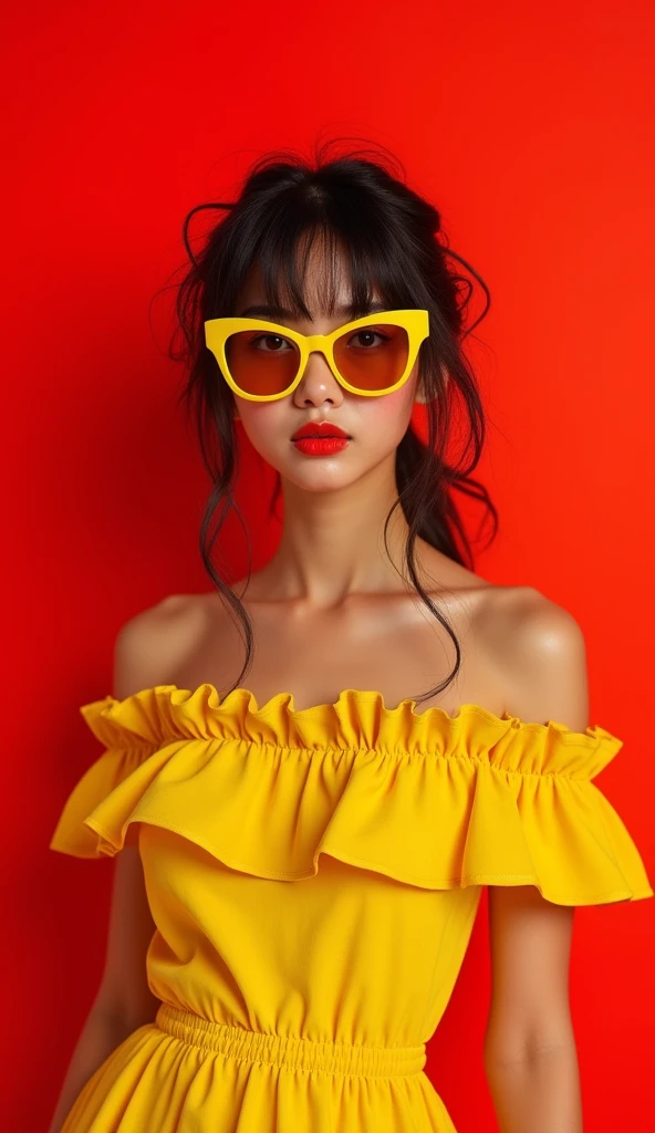 The following features can be seen in the image: - A young woman standing in front of a red background.

 - Young woman standing in front of a red background.
 - She is wearing yellow sunglasses and a yellow ruffled dress.
 - Her hair is disheveled and her mouth is slightly open.
 - Her hair is disheveled and her mouth is slightly open. Her expression is slightly playful.
 - The overall color scheme emphasizes red and yellow, creating a vivid impression.
 - The contrast between the red of the background and the yellow of the dress is striking.
