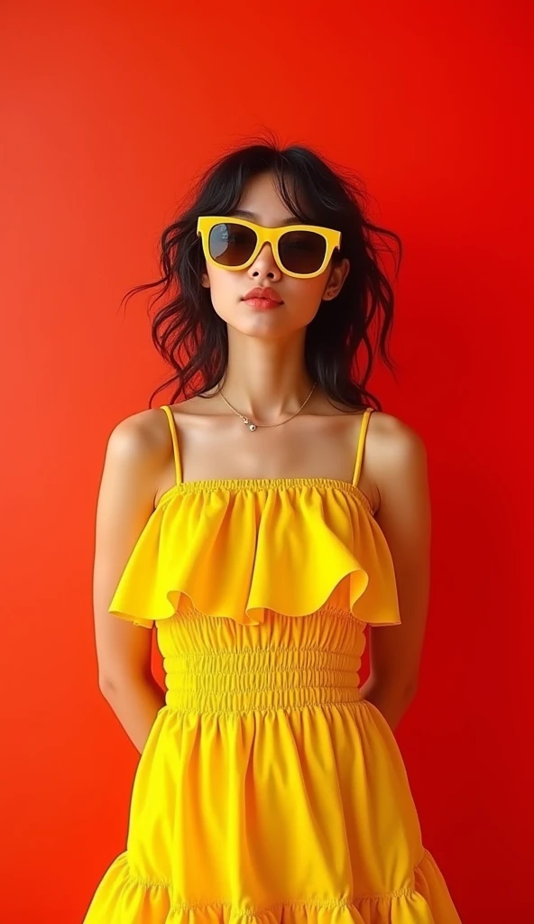The following features can be seen in the image: - A young woman standing in front of a red background.
- Young woman standing in front of a red background.
- She is wearing yellow sunglasses and a yellow ruffled dress.
- Her hair is disheveled and her mouth is slightly open.
- Her hair is disheveled and her mouth is slightly open. Her expression is slightly playful.
- The overall color scheme emphasizes red and yellow, creating a vivid impression.
- The contrast between the red of the background and the yellow of the dress is striking.