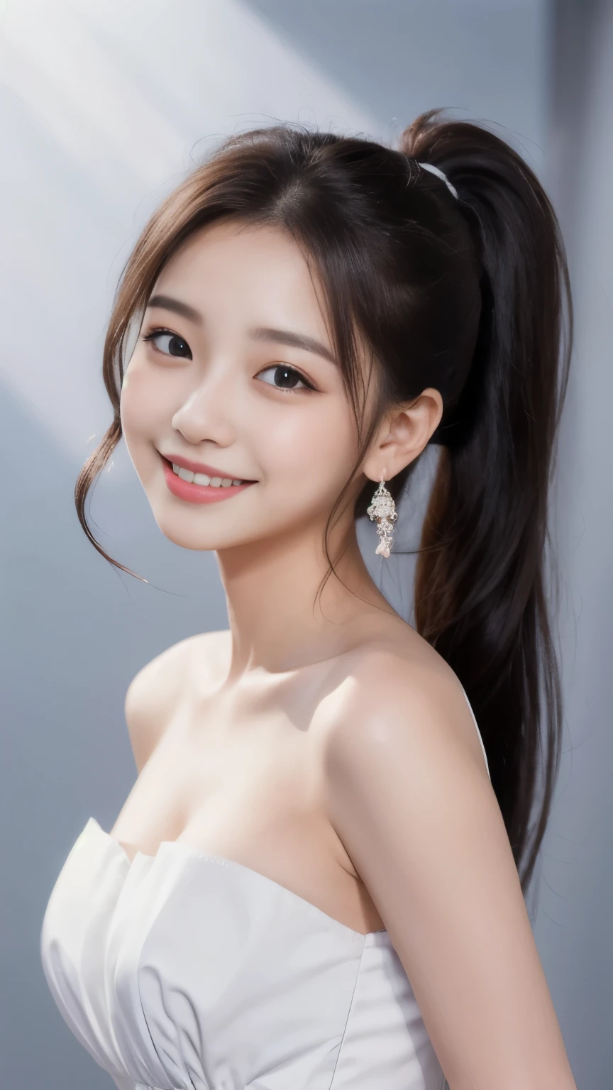 masterpiece, best quality, ultra-detailed, High angle, ((full body)), (from below), (real), (wearing Maid's uniform, open chest), against the backdrop of a metropolitan city's, nighttime, image of an elegant woman, 20-year-old woman, (ponytail), long hair, black hair, a slightly rounded and adorable face, round eyes, youthful eyes, friendly eyes, cheerful eyes, welcoming eyes, double eyelid eyes, captivating gaze, blush, shy smile, straight teeth, heart earrings, armpit, 4 finger+1 thumb, with a blurred and soft background