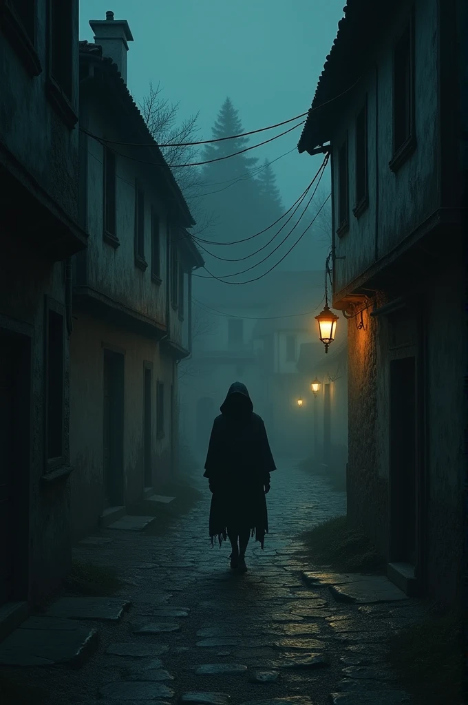 The image seen from the front shows Peria walking at night in a dark village, dim lighting and silence