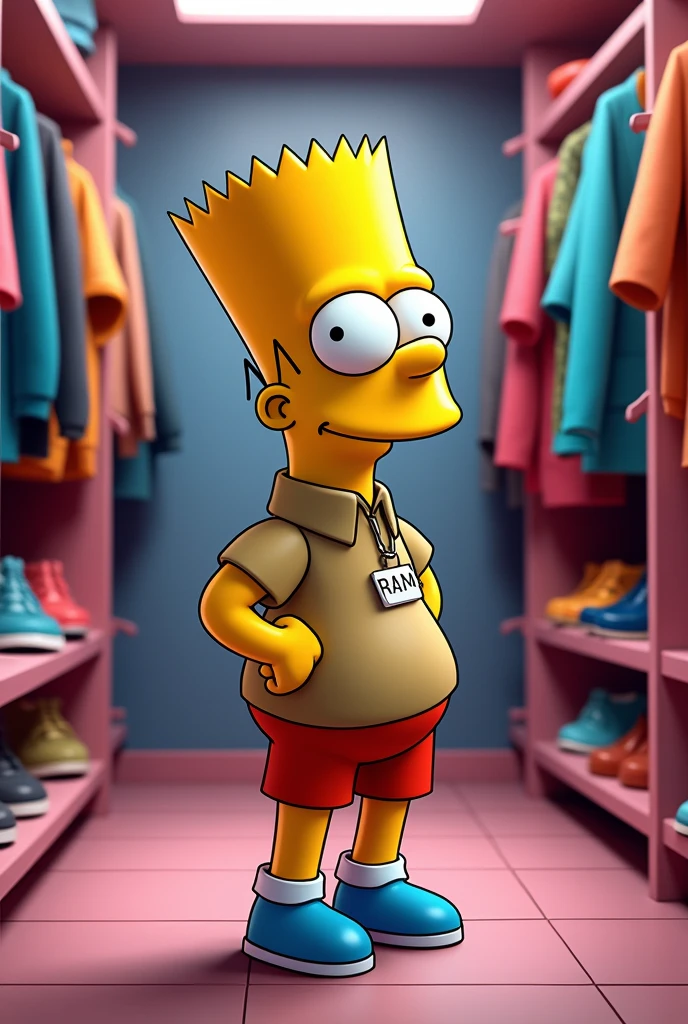 Bart simpson avec une tête claire habille en vendeur devant un dressing
