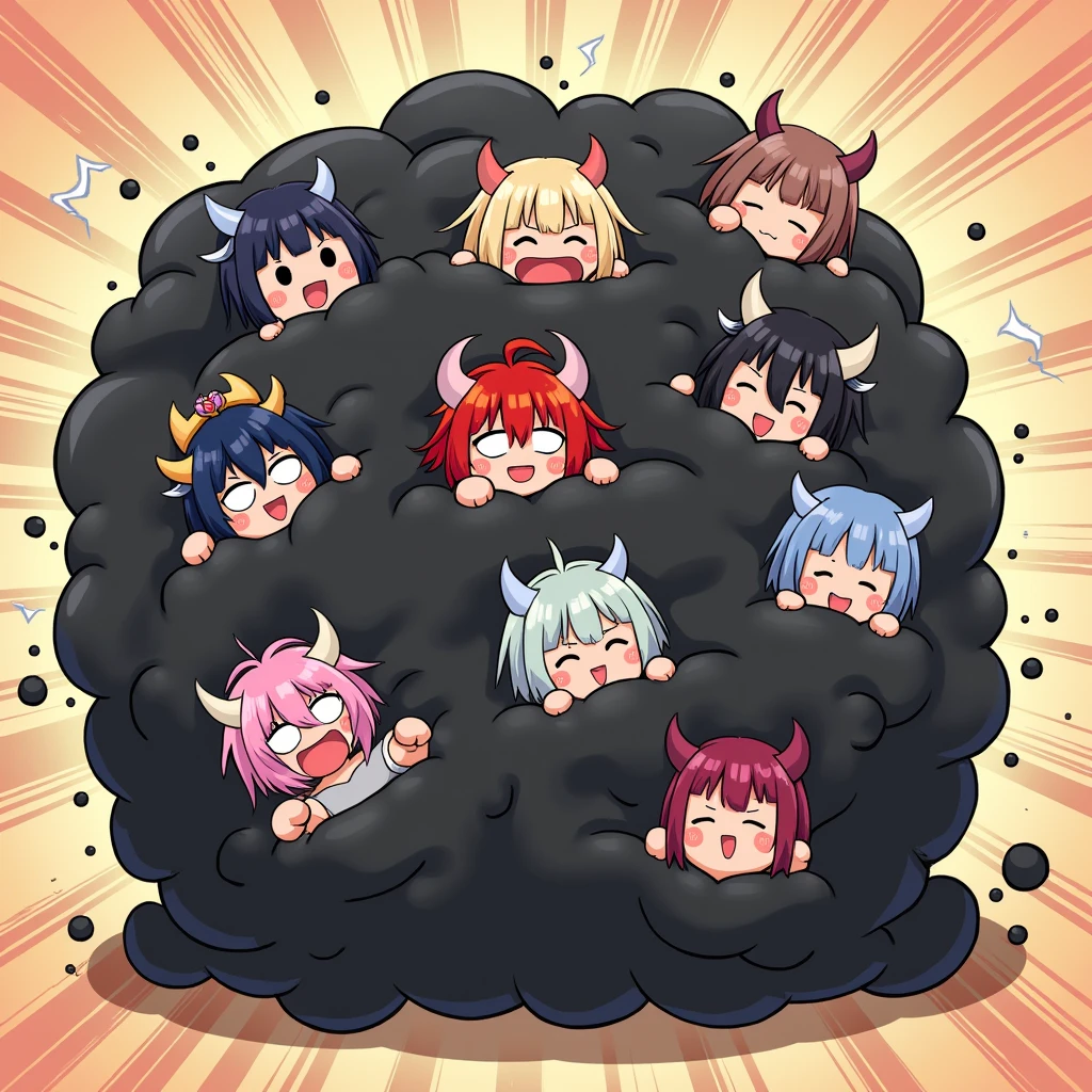 An anime-style illustration depicting many oni-girls playfully wrestling with each other inside a black comical fight cloud.
each oni-girl has different colored hair and skin.
their faces,hands,and feet are visible emerging from the cloud as they tussle humorously, with the rest of their bodies completely hidden inside the cloud.
the illustration emphasizes the humorous and energetic nature of their scuffle,with a fluffy and exaggerated fight cloud.