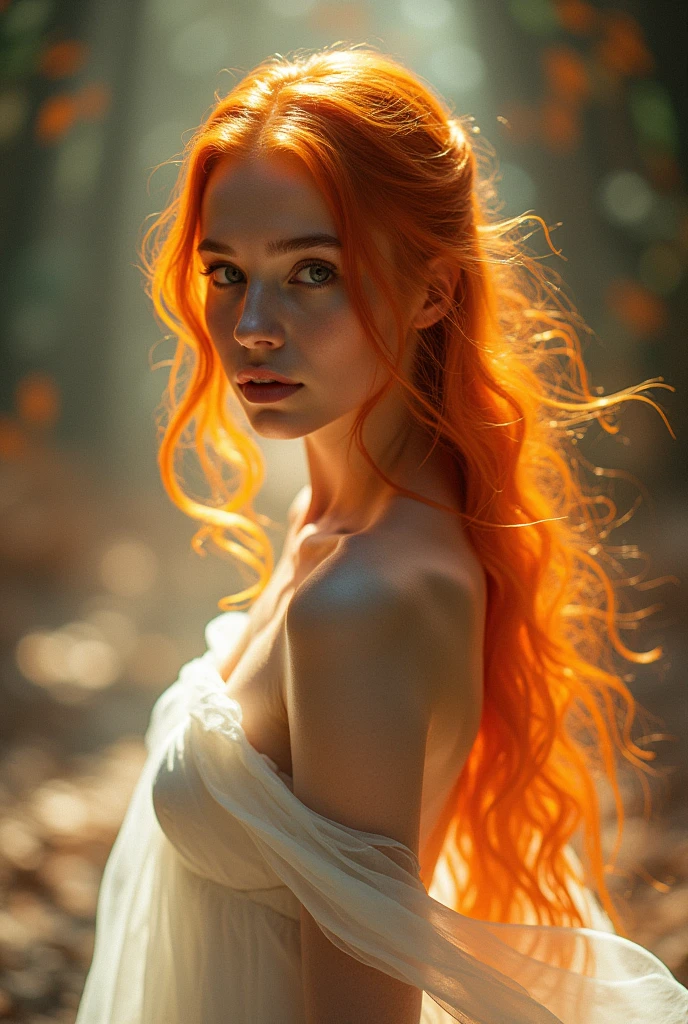 A fictional being, (((fully body))), Young orange-haired woman, i'm, Close-up, Sunniness, professional foto, bonitas, face perfect, 30s, white gown, glowing details, high-heels, Ultra High Definition, 8k, Motor Unreal 5, Ultra sharp focus, artwork Intricate artwork, highy detailed, vibrant high definition, 16K, cinemactic, high qualiy, hyper realistic cover photo awesome full color, cinematic quality, High definition, 16K, swirly vibrant colors, lighting professional best quality, ultra high-resolution, (photorrealistic: 1.4) , high resolution, circunstanciado, raw shot, sharp re, By Lee Jeffries Nikon D850 Film Stock Photography 4 Camera Kodak Portra 400 Lens F1.6 rich colors hyper realistic realistic texture dramatic lighting irrealengine trending at artstation cinestill 800