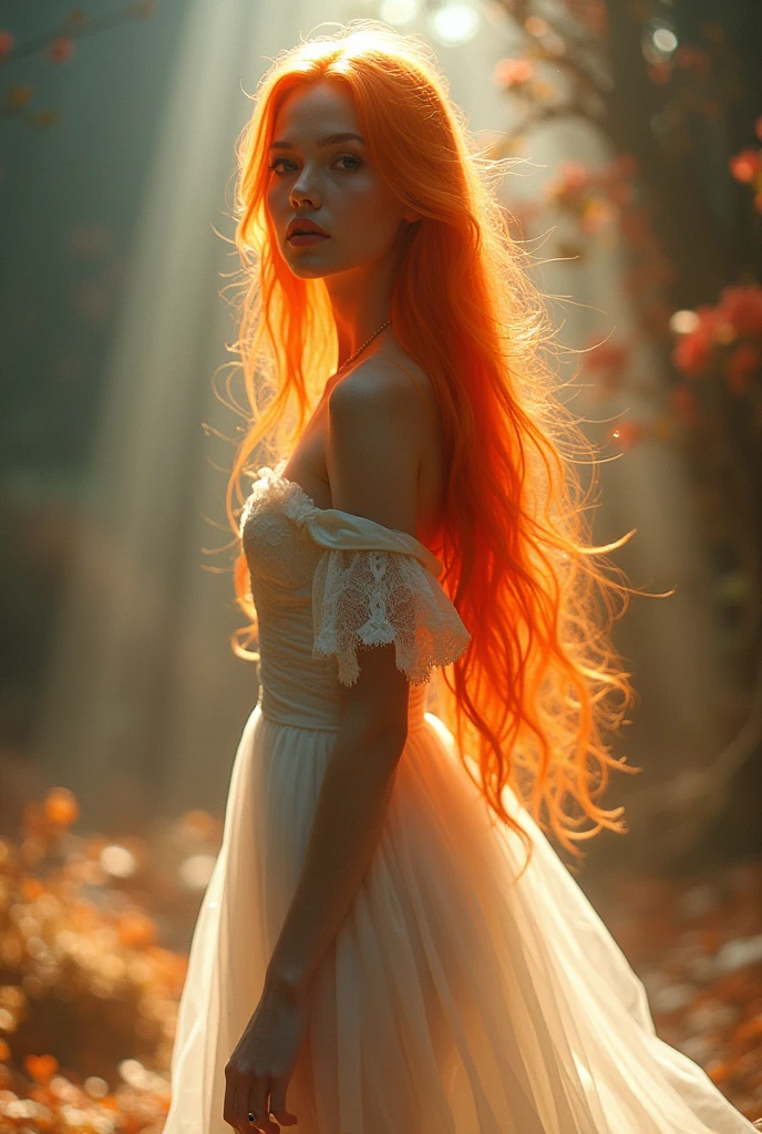 A fictional being, (((fully body))), Young orange-haired woman, i'm, Close-up, Sunniness, professional foto, bonitas, face perfect, 30s, white gown, glowing details, high-heels, Ultra High Definition, 8k, Motor Unreal 5, Ultra sharp focus, artwork Intricate artwork, highy detailed, vibrant high definition, 16K, cinemactic, high qualiy, hyper realistic cover photo awesome full color, cinematic quality, High definition, 16K, swirly vibrant colors, lighting professional best quality, ultra high-resolution, (photorrealistic: 1.4) , high resolution, circunstanciado, raw shot, sharp re, By Lee Jeffries Nikon D850 Film Stock Photography 4 Camera Kodak Portra 400 Lens F1.6 rich colors hyper realistic realistic texture dramatic lighting irrealengine trending at artstation cinestill 800