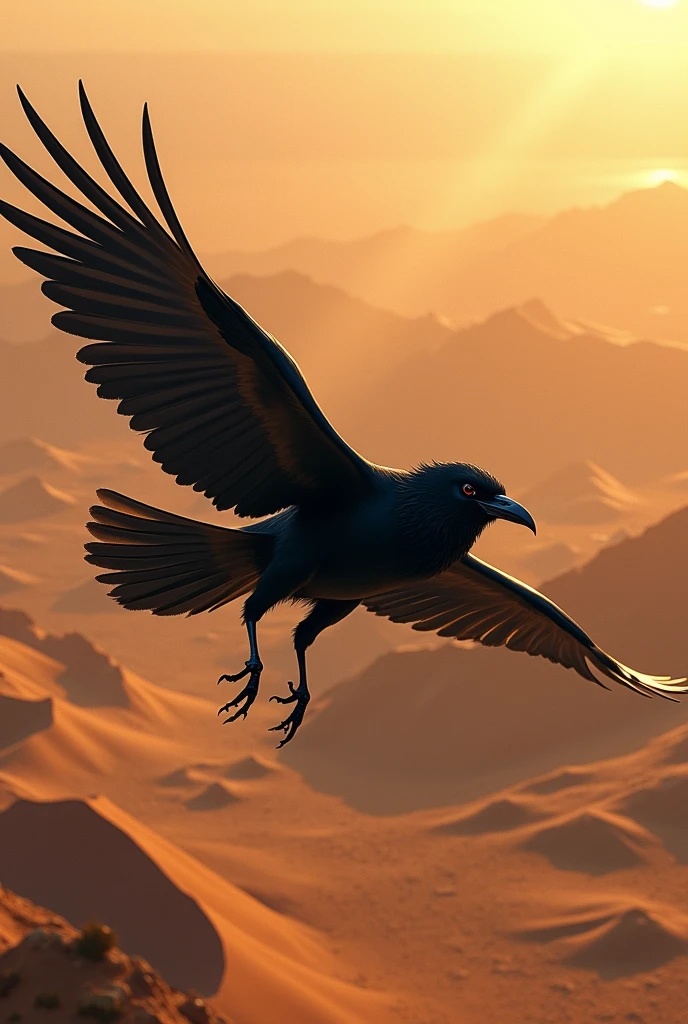 A crow was flying over a desert, searching for water. He was very thirsty and his throat was dry.